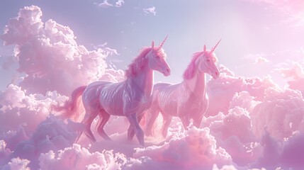 Fototapeta premium A minimalistic 3D render of a unicorn standing on a pastel-colored cloud, showcasing soft lighting and a whimsical atmosphere with magical details.