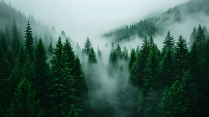 Aerial View Misty Forest Foggy Day.