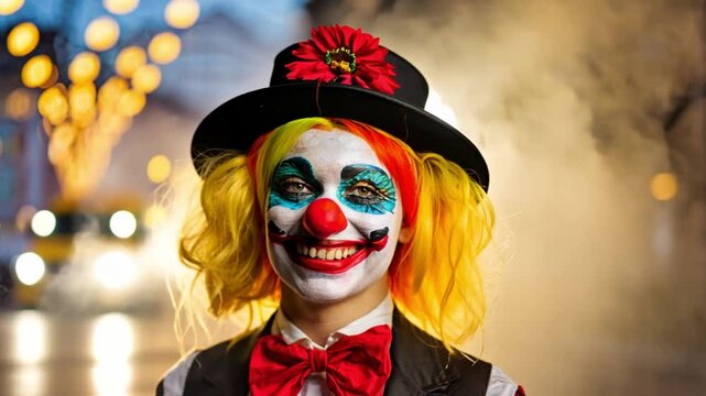 Video of a scary clown in a Halloween city setting. The clown, in a detailed cosplay costume, is surrounded by eerie smoke and atmospheric lighting, creating a haunting and unsettling portrait. Dark