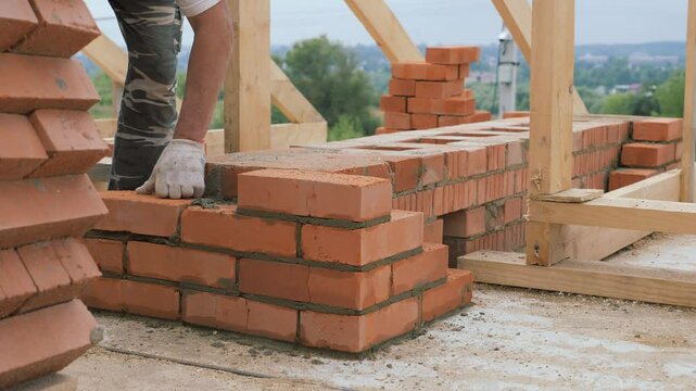 Laying out a brick chimney chimney of a private wooden house.