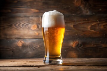 Glass of beer with frothy foam on a rustic wooden table, showcasing a refreshing beverage in a cozy, warm atmosphere.