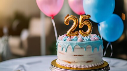 Birthday cake decorated with number twenty five celebrating twenty fifth anniversary