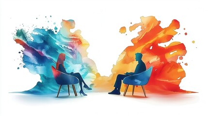 Abstract art depicting two individuals in conversation, surrounded by colorful splashes.