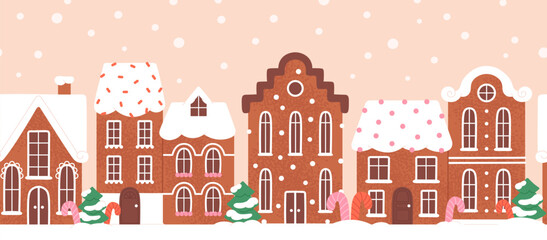 Christmas gingerbread houses. Winter street decorations seamless pattern. Sweet holidays cookies dessert, tasty european street racy vector banner