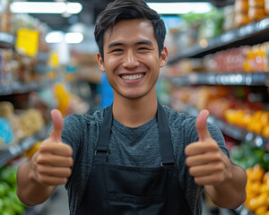 Asian supermarket employee wearing supermarket uniform, holding both thumbs up, happy smile.