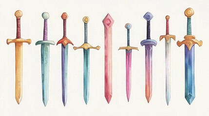 Swords set. White background. Watercolor illustrations