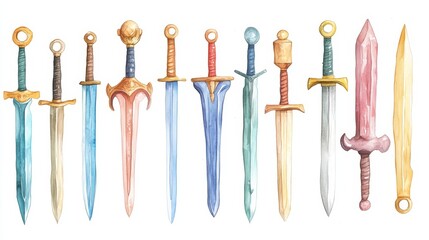 Swords set. White background. Watercolor illustrations