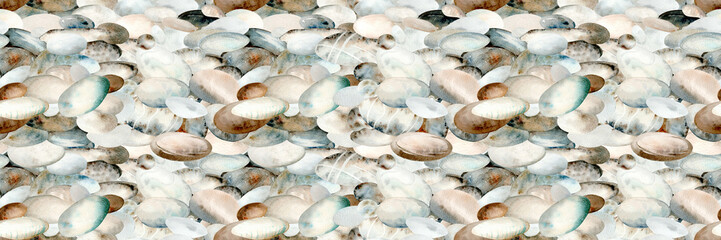 Multicolored Sea Pebbles. Watercolor illustration in pastel colors. The drawing is hand drawn. Suitable for cards, scrapbooking, wallpaper and textiles.