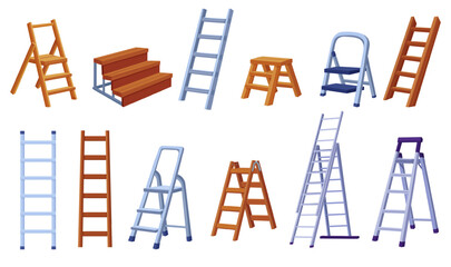 Cartoon ladders. Metal and wooden ladder for household works and repair. Aluminium staircase, home renovation and garden equipment, nowaday vector set © LadadikArt