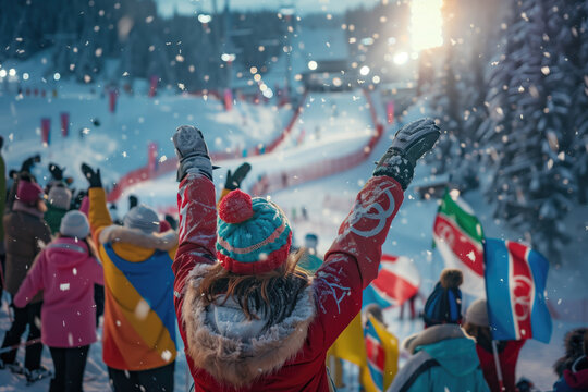 Person cheering with raised arms at winter sports event while snow falls around. Others in background, some holding flags, creating lively atmosphere