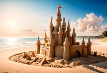 Fantasy magic fictionale giant  sand castle with multiple towers and turrets on a beach against a blue sky with clouds