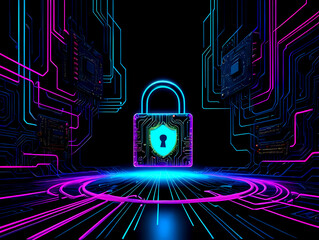 A glowing padlock symbolizes cybersecurity within a digital landscape filled with intricate circuitry and vibrant hues of neon colors