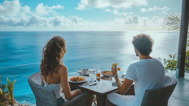 Young couple in love on a romantic dinner date in a tropical paradise hotel by the sea beach Luxury restaurant Ocean view Mediterranean food Honeymoon trip Travel vacation Tourism Food on the table