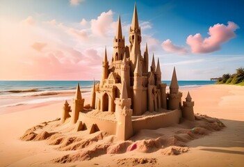 Fantasy magic fictionale giant  sand castle with multiple towers and turrets on a beach against a blue sky with clouds