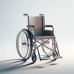 Fototapeta premium A wheelchair with black upholstery, featuring large rear wheels and footrests. It stands against a plain grey background, emphasizing its functionality and design. AI generated.