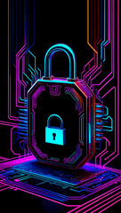 A vibrant digital padlock symbolizes cybersecurity, technology, and data protection amidst glowing circuit board designs