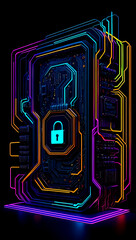 A futuristic cybersecurity padlock illuminated in vibrant colors on a digital circuit board background