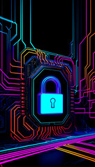 A futuristic representation of cybersecurity with a glowing padlock surrounded by vibrant circuit patterns in a digital landscape