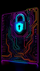 A vibrant representation of cybersecurity with a digital padlock on a circuit board background illuminated in neon colors