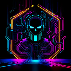 Cybersecurity concept featuring a digital padlock and abstract humanoid figure illuminated with neon colors, symbolizing online protection