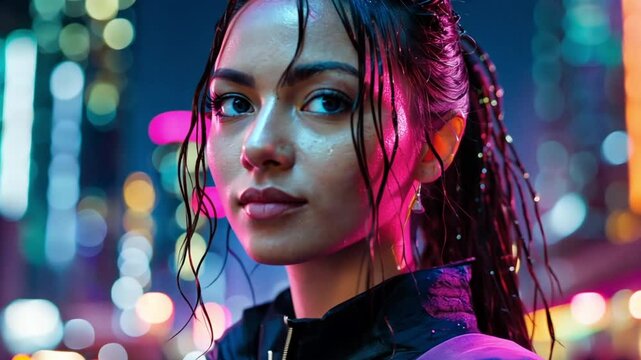 Video of a portrait featuring a Cyberpunk-style focused female character with wet hair, set against a vibrant neon backdrop. The scene highlights the character's intense expression and futuristic aest