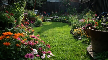   Garden brimming with vibrant blooms, lush green lawn, wooden fence backdrop