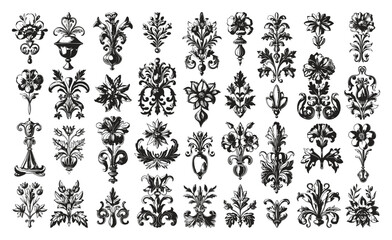 Baroque Victorian Floral Ornamental Icons Set Simple Line Art Engraving Style White Background Elegant Vintage Design