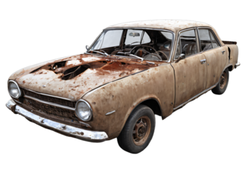 An abandoned rusted car isolated on white background with clipping path.