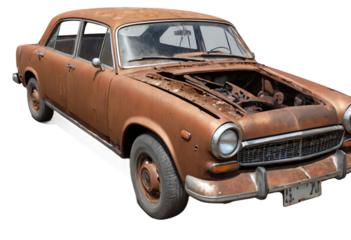 An abandoned rusted car isolated on white background with clipping path.