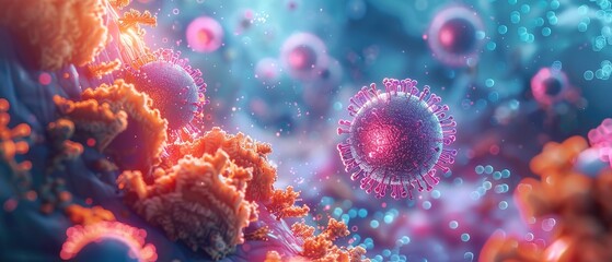 Fototapeta premium Abstract microbiology fantasy background with colorful microscopic organisms and surreal landscapes