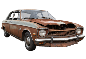 An abandoned rusted car isolated on white background with clipping path.