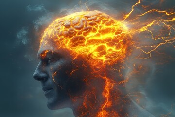 Profile of a man with a fiery brain symbolizing the intense power of human thought and the burning passion of creativity in a dynamic conceptual environment