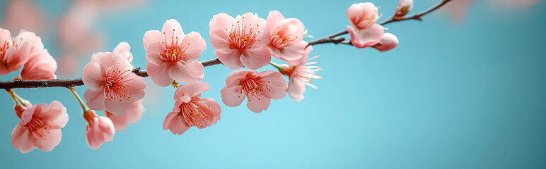 Fototapeta premium cherry blossom branch gently arched over a soft sky blue background, with a minimalist design and room for copy
