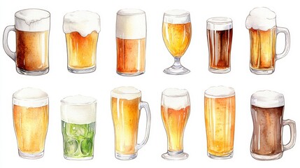 Beer mugs collection. White background. Watercolor illustrations set