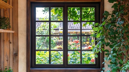   A view of a garden from a house window with a potted plant on the sill