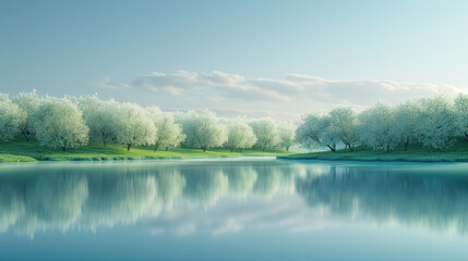 Fototapeta premium Tranquil scene of snowy trees reflected on a serene river under a clear blue sky, capturing the essence of winter's peaceful beauty