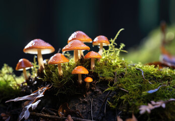 group of forest mushrooms on damp soil among green moss