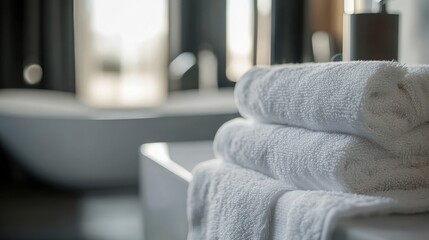The image shows a stack of neatly folded white towels placed on a bathroom counter with a blurred bathtub in the background, softly lit by natural light.

