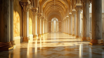 Obraz premium A sunlit palace corridor with grand marble columns, ornate arches, and intricate golden details, reflecting warm light across the polished floors.