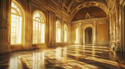 Fototapeta premium A grand, sunlit palace hall with arched windows and intricate gold details, casting soft, warm shadows across the elegant marble floors.