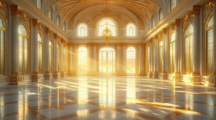 Obraz premium A majestic palace hall filled with golden sunlight, featuring arched windows, ornate columns, and intricate details under a grand chandelier.