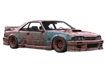 An abandoned rusted car isolated on white background with clipping path.