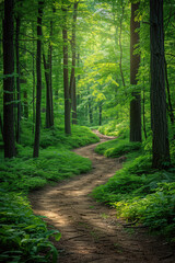 Fototapeta premium Beautiful winding path through lush green forest along trees and vibrant foliage leading deeper into nature visible light rays