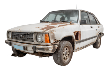 An abandoned rusted car isolated on white background with clipping path.