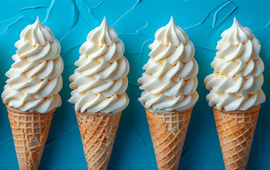 Vanilla ice cream with cone on blue background