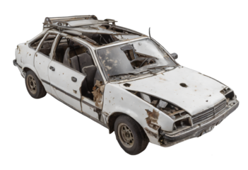 An abandoned rusted car isolated on white background with clipping path.