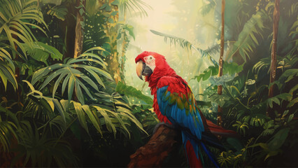Brightly Coloured Parrot Rainforest Oil Canvas Illustration Vibrant Feathers Exotic Bird Lush Foliage Tropical Wildlife Rich Colors Natural Habitat Detailed Artwork