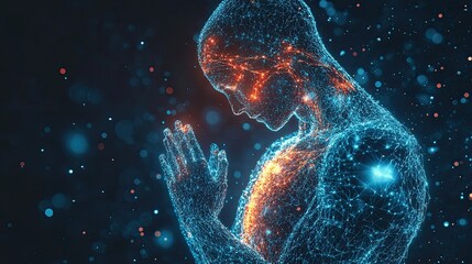 A man is praying in a computer generated image. The image is full of bright colors and has a futuristic feel to it.