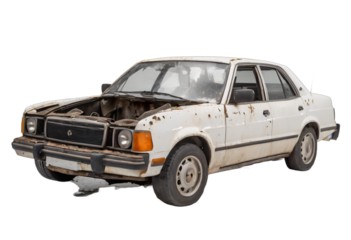 An abandoned rusted car isolated on white background with clipping path.