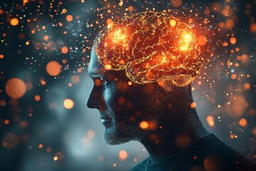 Profile of a woman with glowing red neural patterns symbolizing the power of human thought and the intensity of creativity in a dynamic modern environment